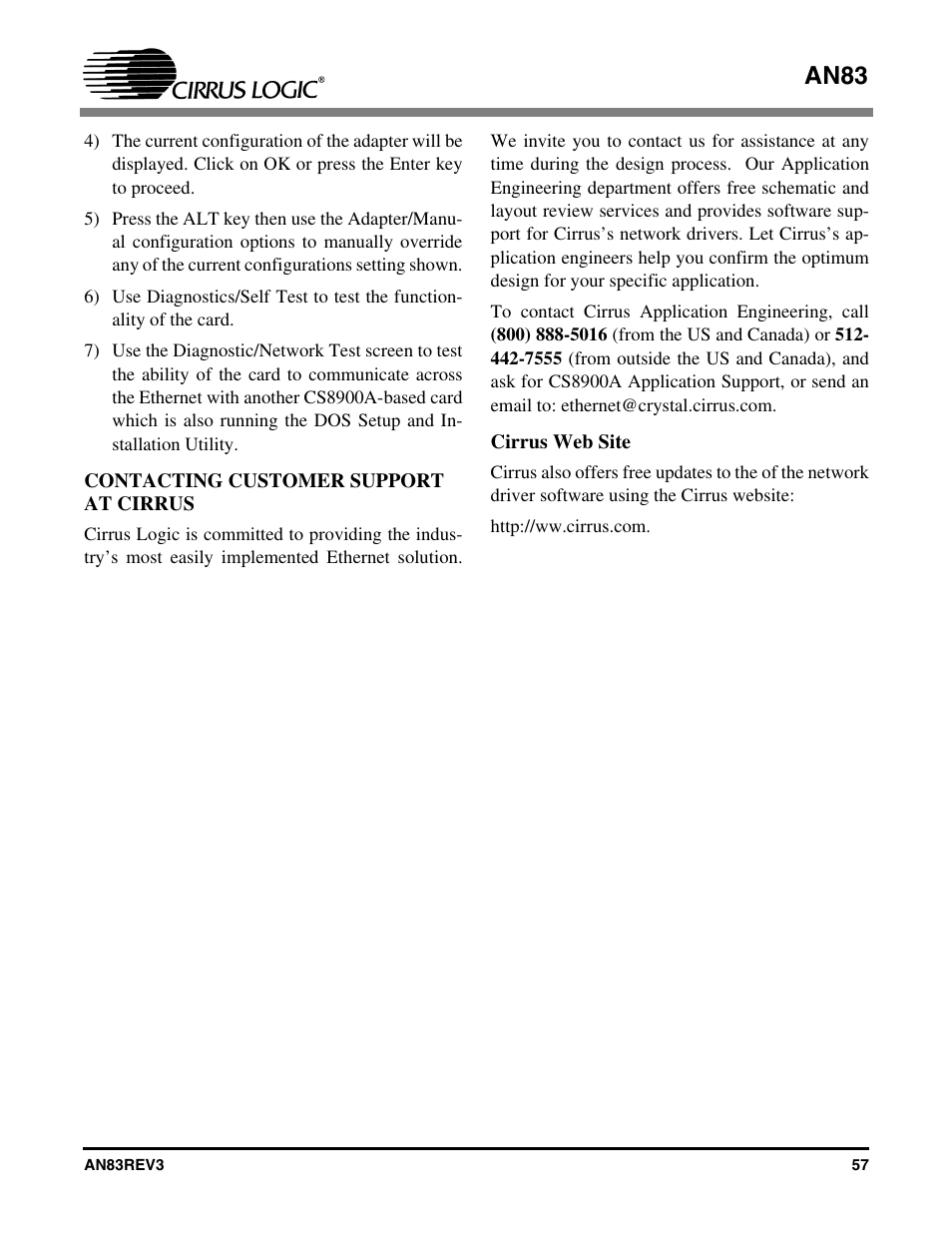 Contacting customer support at cirrus, Cirrus web site, An83 | Cirrus Logic AN83 User Manual | Page 57 / 58