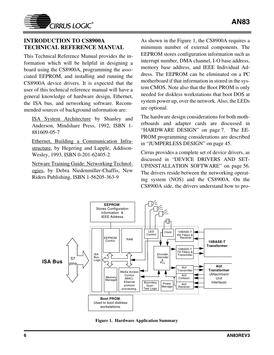 Introduction to cs8900a technical reference manual, Figure 1. hardware application summary, An83 | Isa bus, 6an83rev3 | Cirrus Logic AN83 User Manual | Page 6 / 58