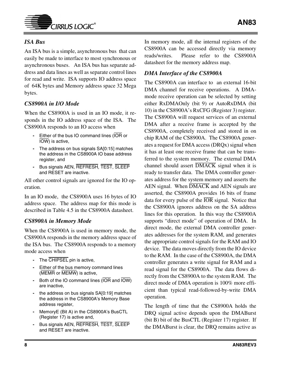 Isa bus, Cs8900a in i/o mode, Cs8900a in memory mode | Dma interface of the cs8900a, An83 | Cirrus Logic AN83 User Manual | Page 8 / 58