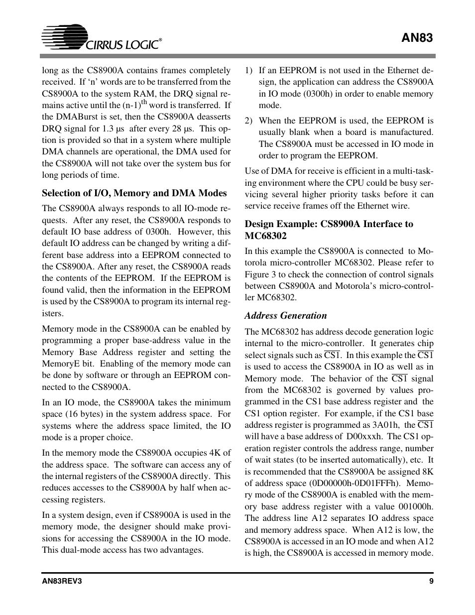 Selection of i/o, memory and dma modes, Design example: cs8900a interface to mc68302, Address generation | An83 | Cirrus Logic AN83 User Manual | Page 9 / 58