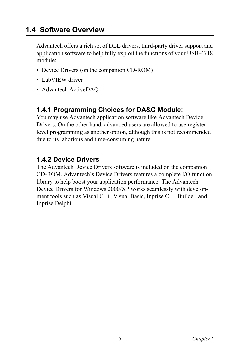 4 software overview, 1 programming choices for da&c module, 2 device drivers | Software overview, Programming choices for da&c module, Device drivers | Advantech 4718 User Manual | Page 11 / 54