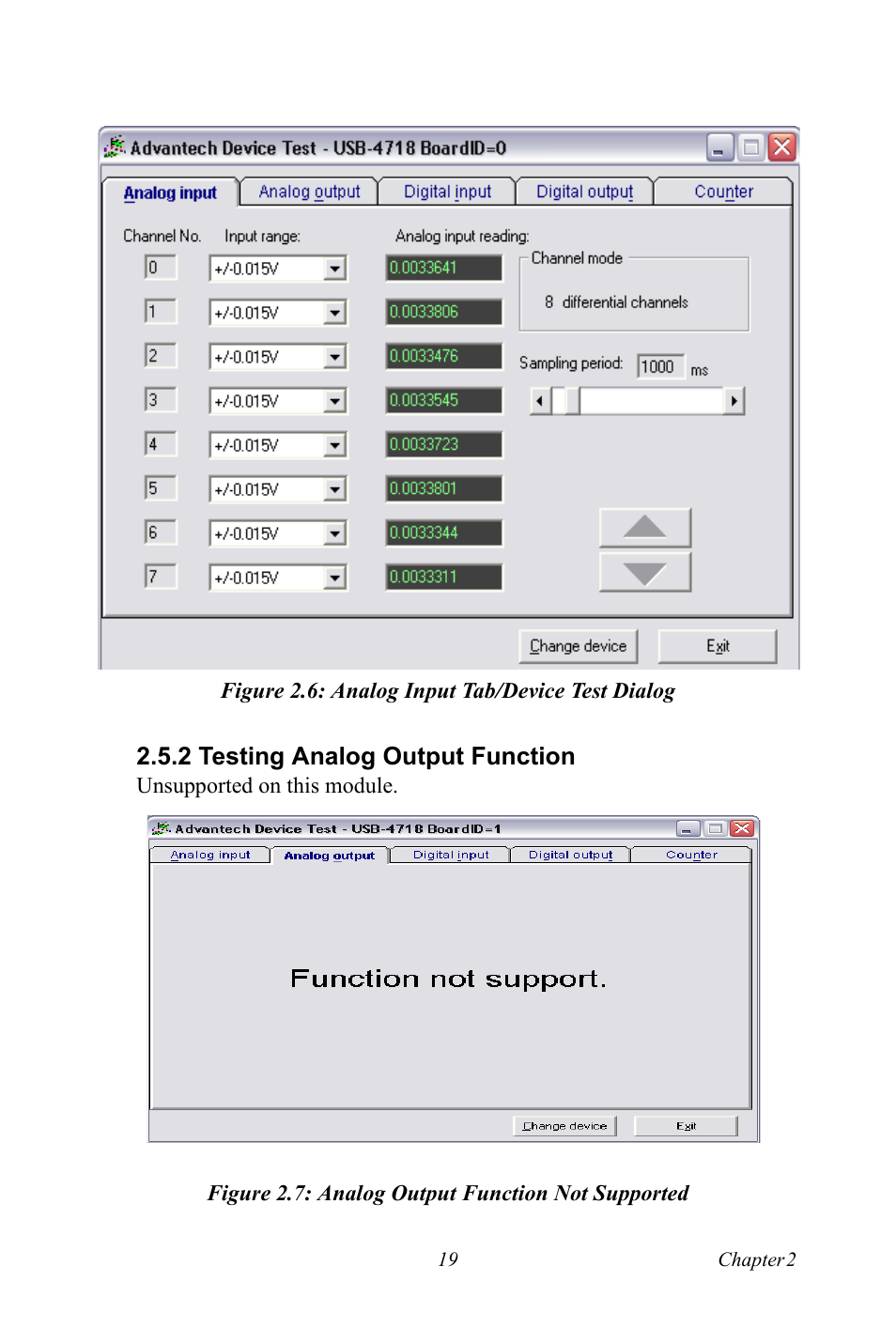 Figure 2.6: analog input tab/device test dialog, 2 testing analog output function, Figure 2.7: analog output function not supported | Figure 2.6:analog input tab/device test dialog | Advantech 4718 User Manual | Page 25 / 54