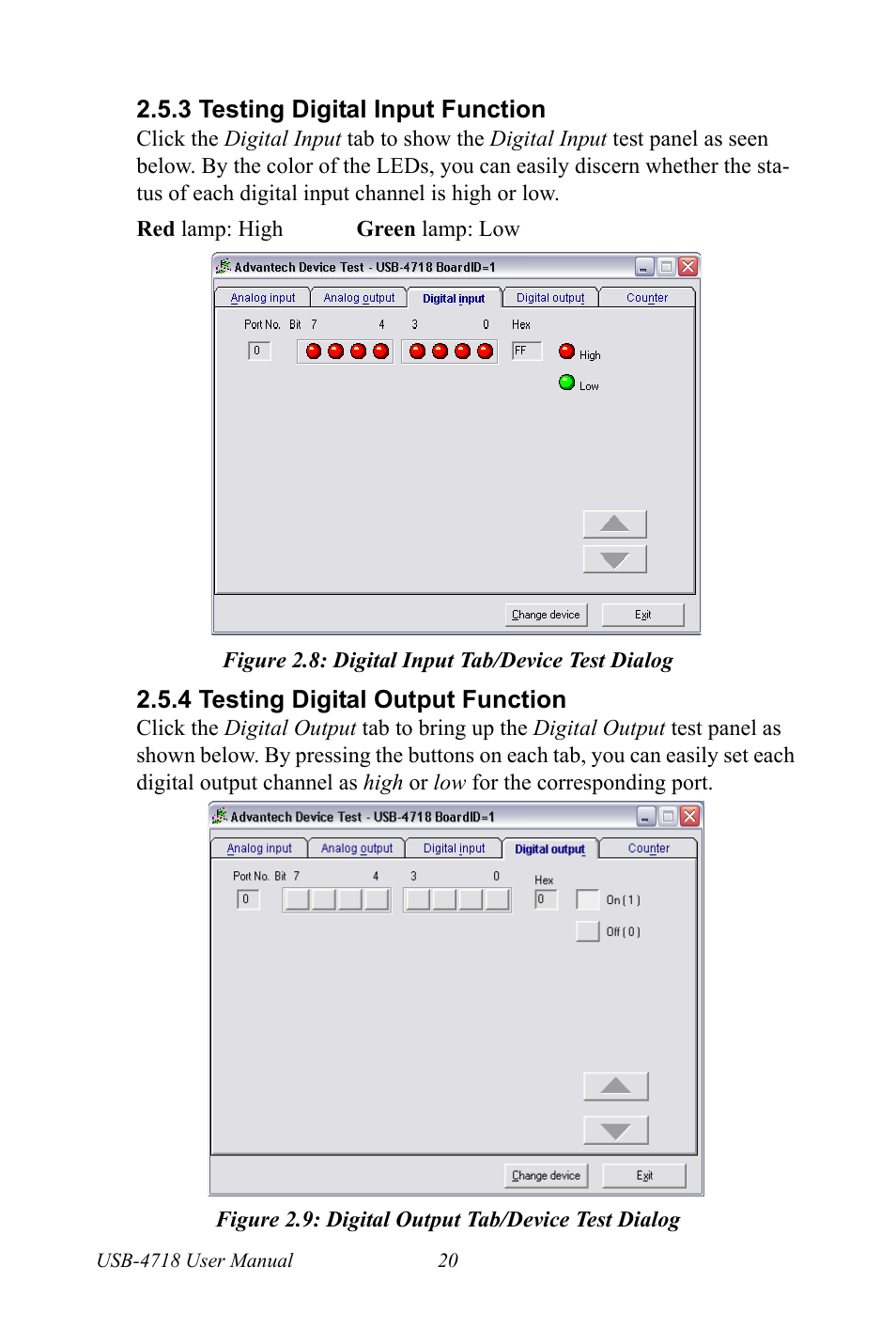 3 testing digital input function, Figure 2.8: digital input tab/device test dialog, 4 testing digital output function | Figure 2.9: digital output tab/device test dialog, Testing digital output function | Advantech 4718 User Manual | Page 26 / 54