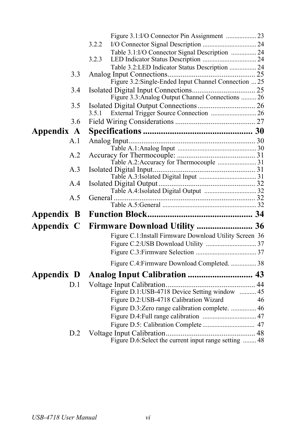Appendix a specifications, Appendix d analog input calibration | Advantech 4718 User Manual | Page 6 / 54