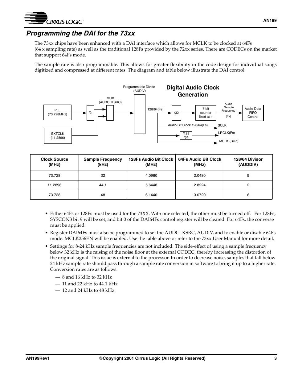 Programming the dai for the 73xx, Digital audio clock generation | Cirrus Logic AN199 User Manual | Page 3 / 8
