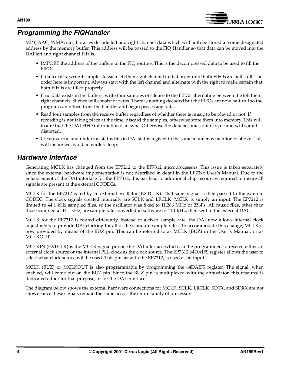 Programming the fiqhandler, Hardware interface | Cirrus Logic AN199 User Manual | Page 4 / 8