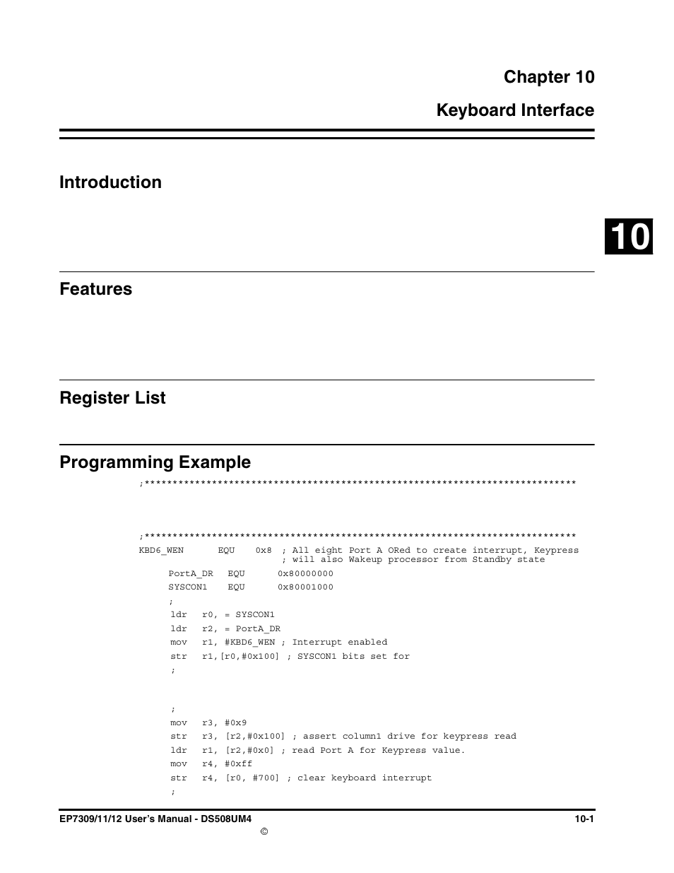 Chapter 10, Keyboard interface, Introduction | Features, Register list, Programming example, Chapter 10. keyboard interface, Chapter 10 10 keyboard interface introduction | Cirrus Logic EP73xx User Manual | Page 101 / 158