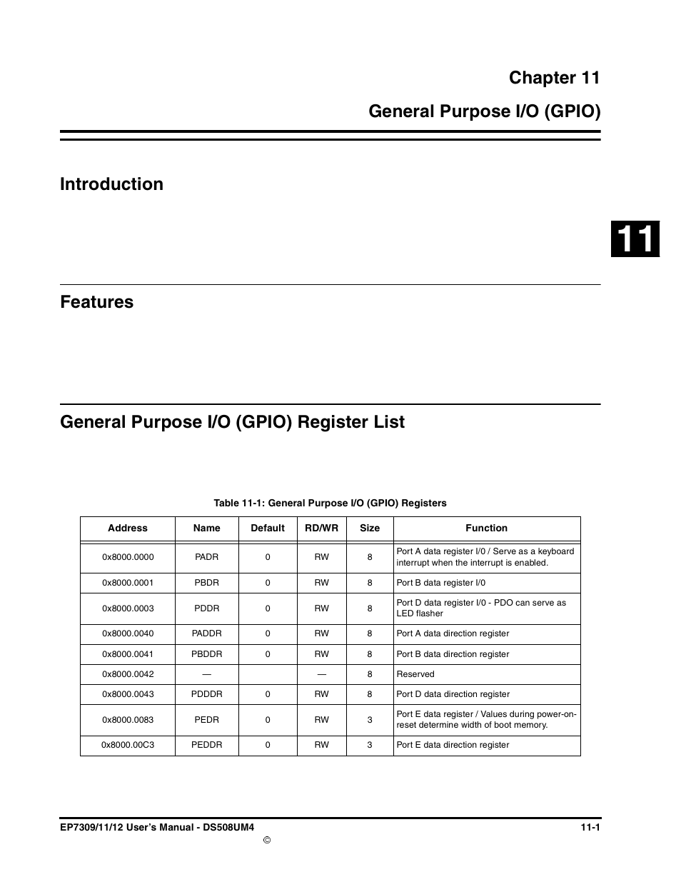 Chapter 11, General purpose i/o (gpio), Introduction | Features, General purpose i/o (gpio) register list, Chapter 11. general purpose i/o (gpio) | Cirrus Logic EP73xx User Manual | Page 105 / 158
