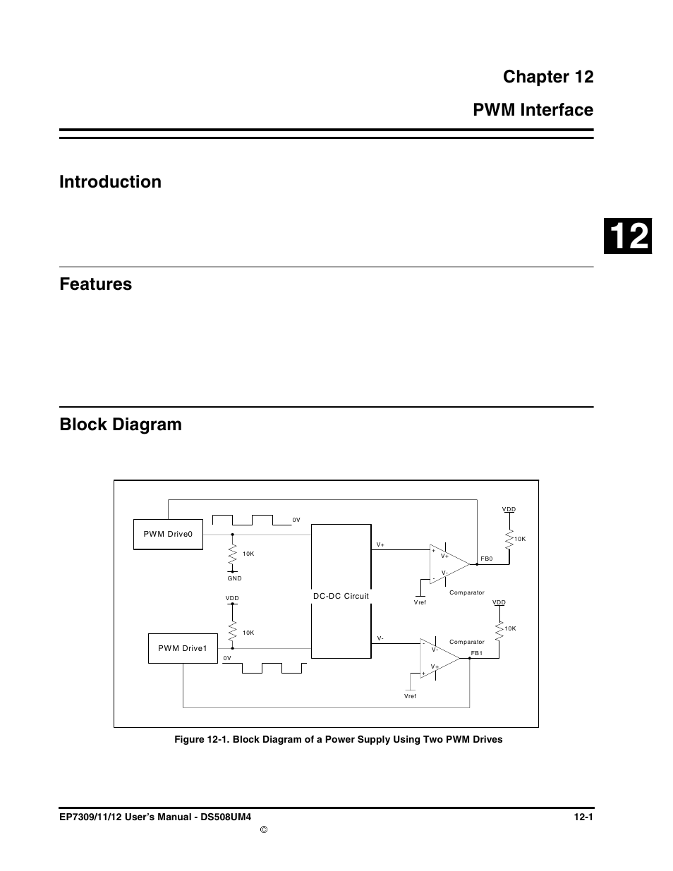 Chapter 12, Pwm interface, Introduction | Features, Block diagram, Chapter 12. pwm interface, Introduction -1 features -1 block diagram -1, Chapter 12 12 pwm interface introduction | Cirrus Logic EP73xx User Manual | Page 107 / 158