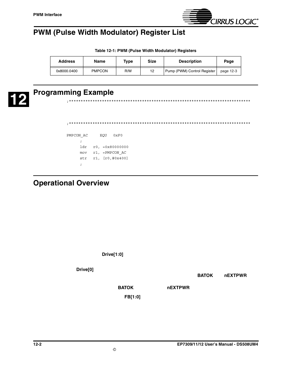 Pwm (pulse width modulator) register list, Programming example, Operational overview | Cirrus Logic EP73xx User Manual | Page 108 / 158