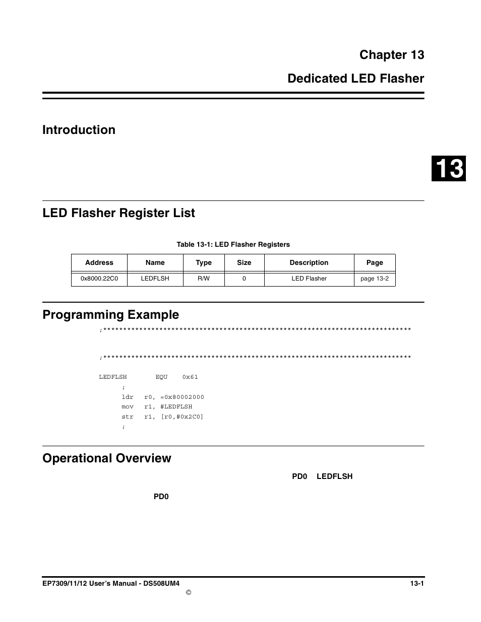 Chapter 13, Dedicated led flasher, Introduction | Led flasher register list, Programming example, Operational overview, Chapter 13. dedicated led flasher, Table 13-1: led flasher registers -1, Chapter 13 13 dedicated led flasher introduction, Led flasher register list programming example | Cirrus Logic EP73xx User Manual | Page 111 / 158