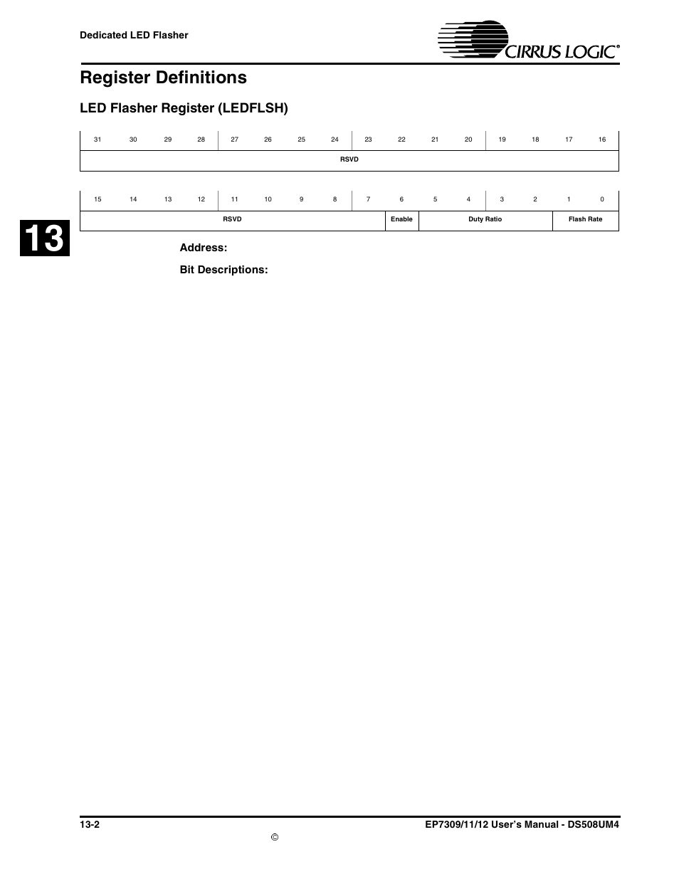 Register definitions, Led flasher register (ledflsh), Register definitions -2 | Led flasher register (ledflsh) -2, Address, Bit descriptions | Cirrus Logic EP73xx User Manual | Page 112 / 158