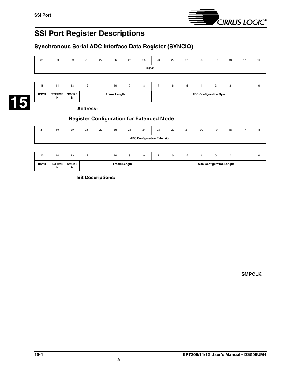 Ssi port register descriptions, Register configuration for extended mode, Ssi port register descriptions -4 | Address, Bit descriptions, Smpclk | Cirrus Logic EP73xx User Manual | Page 122 / 158
