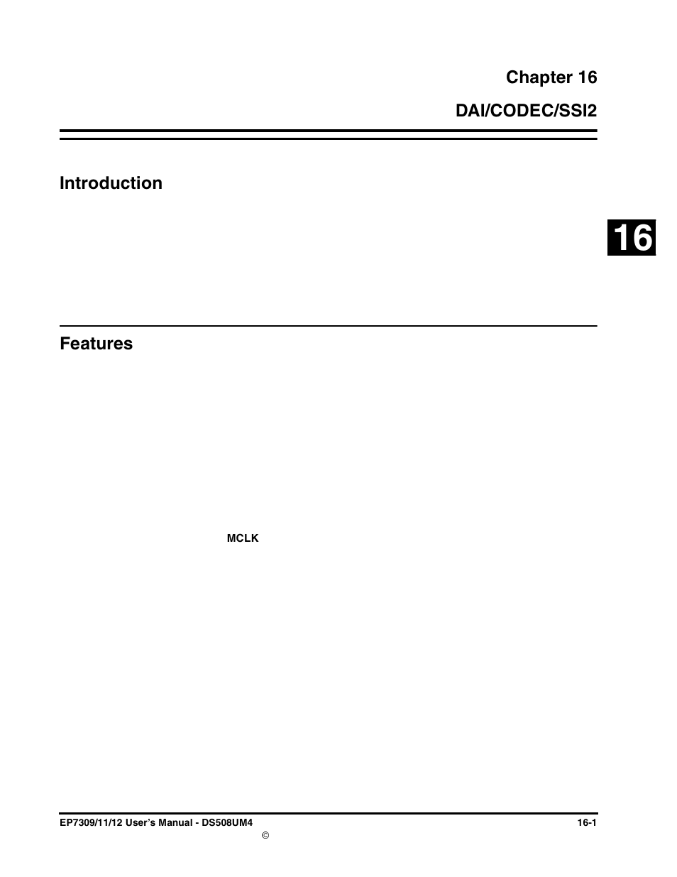Chapter 16, Dai/codec/ssi2, Introduction | Features, Chapter 16. dai/codec/ssi2, Introduction -1 features -1 | Cirrus Logic EP73xx User Manual | Page 125 / 158