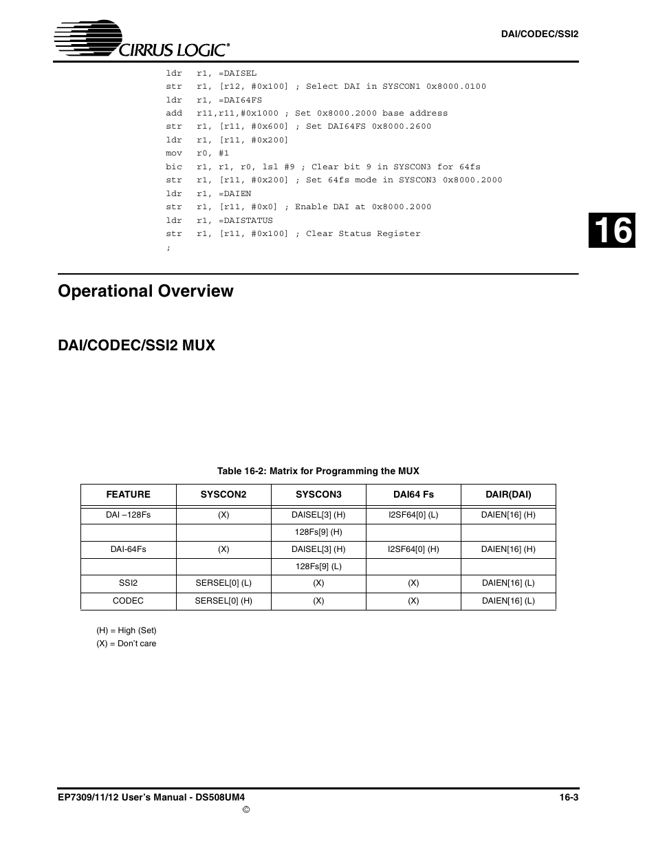 Operational overview, Dai/codec/ssi2 mux, Operational overview -3 | Dai/codec/ssi2 mux -3, Table 16-2: matrix for programming the mux -3 | Cirrus Logic EP73xx User Manual | Page 127 / 158