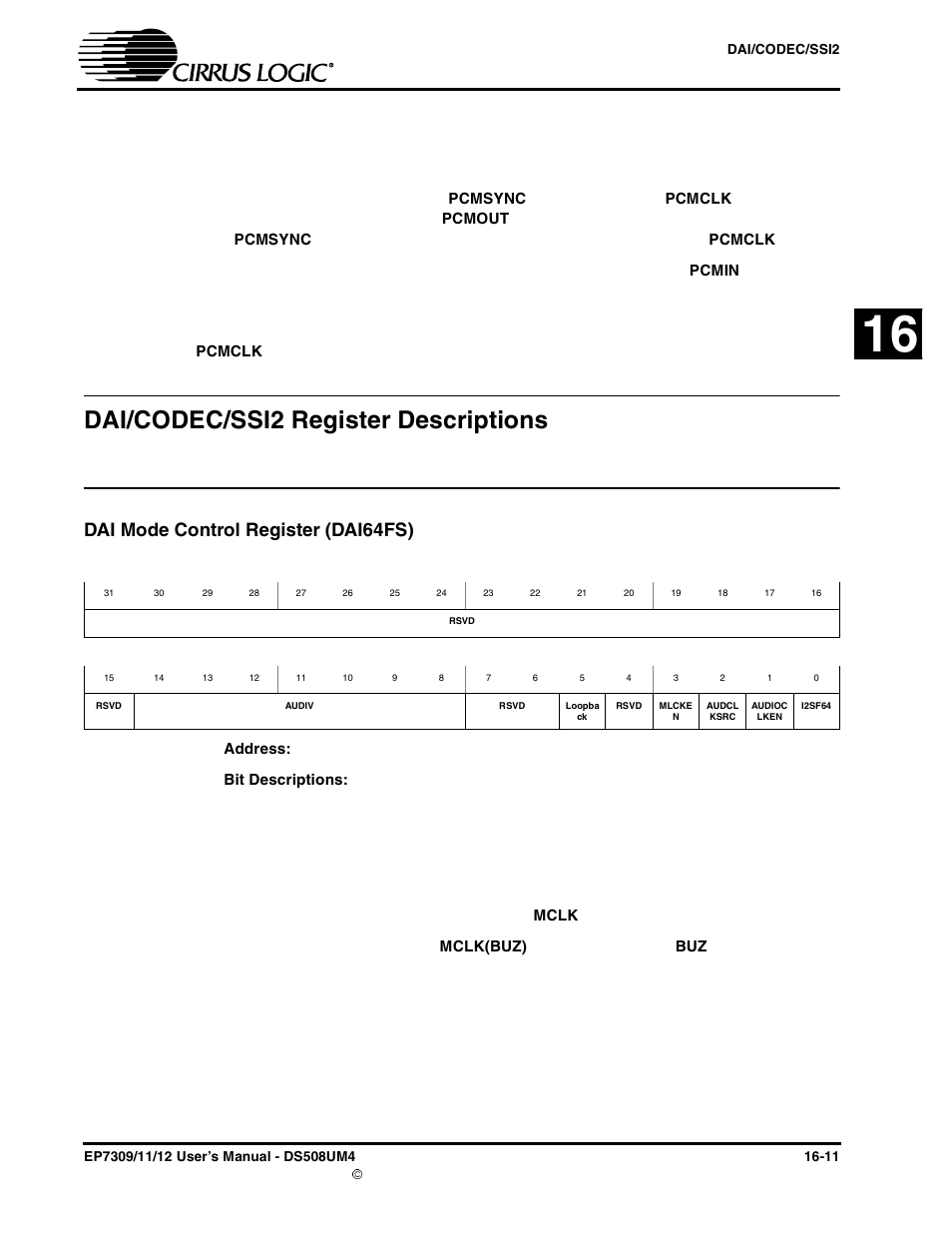 Dai/codec/ssi2 register descriptions, Dai mode control register (dai64fs), Dai/codec/ssi2 register descriptions -11 | Dai mode control register (dai64fs) -11, Dai registers | Cirrus Logic EP73xx User Manual | Page 135 / 158