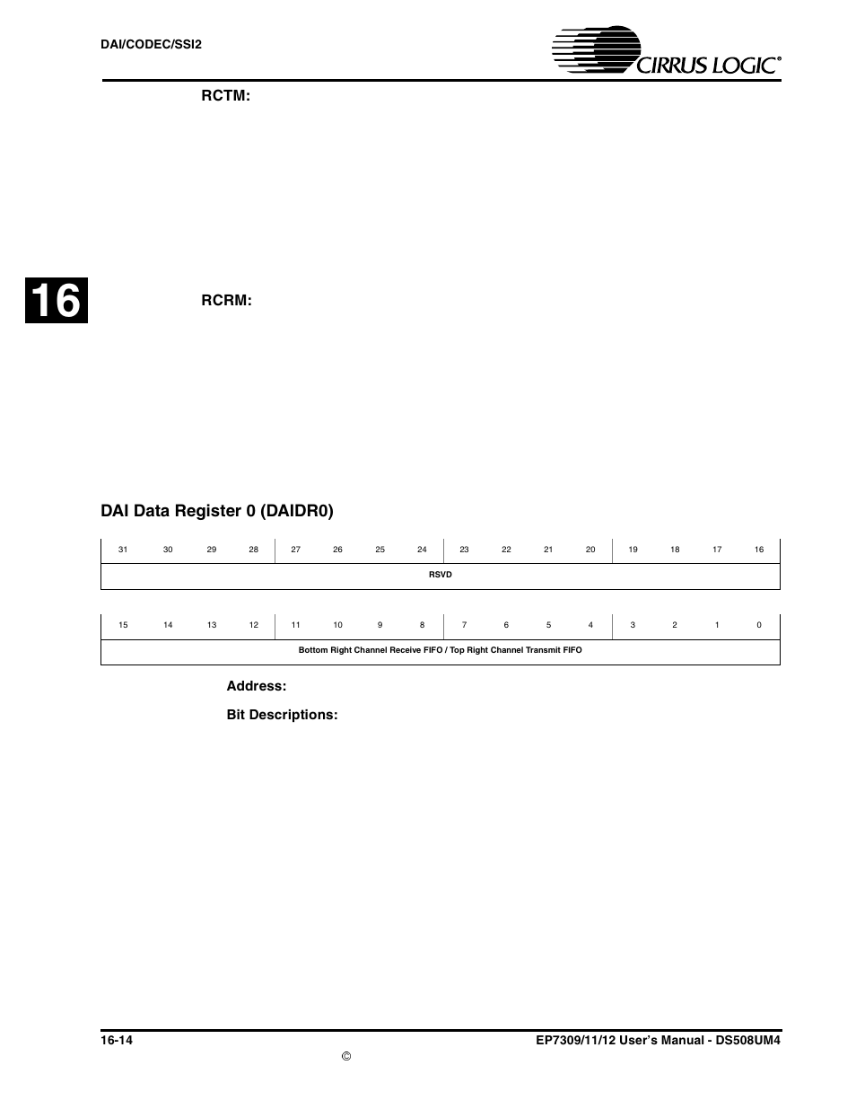 Rctm, Rcrm, Dai data register 0 (daidr0) | Dai data register 0 (daidr0) -14 | Cirrus Logic EP73xx User Manual | Page 138 / 158