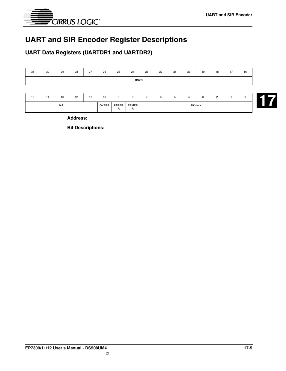 Uart and sir encoder register descriptions, Uart data registers (uartdr1 and uartdr2), Uart and sir encoder register descriptions -5 | Uart data registers (uartdr1 and uartdr2) -5 | Cirrus Logic EP73xx User Manual | Page 151 / 158