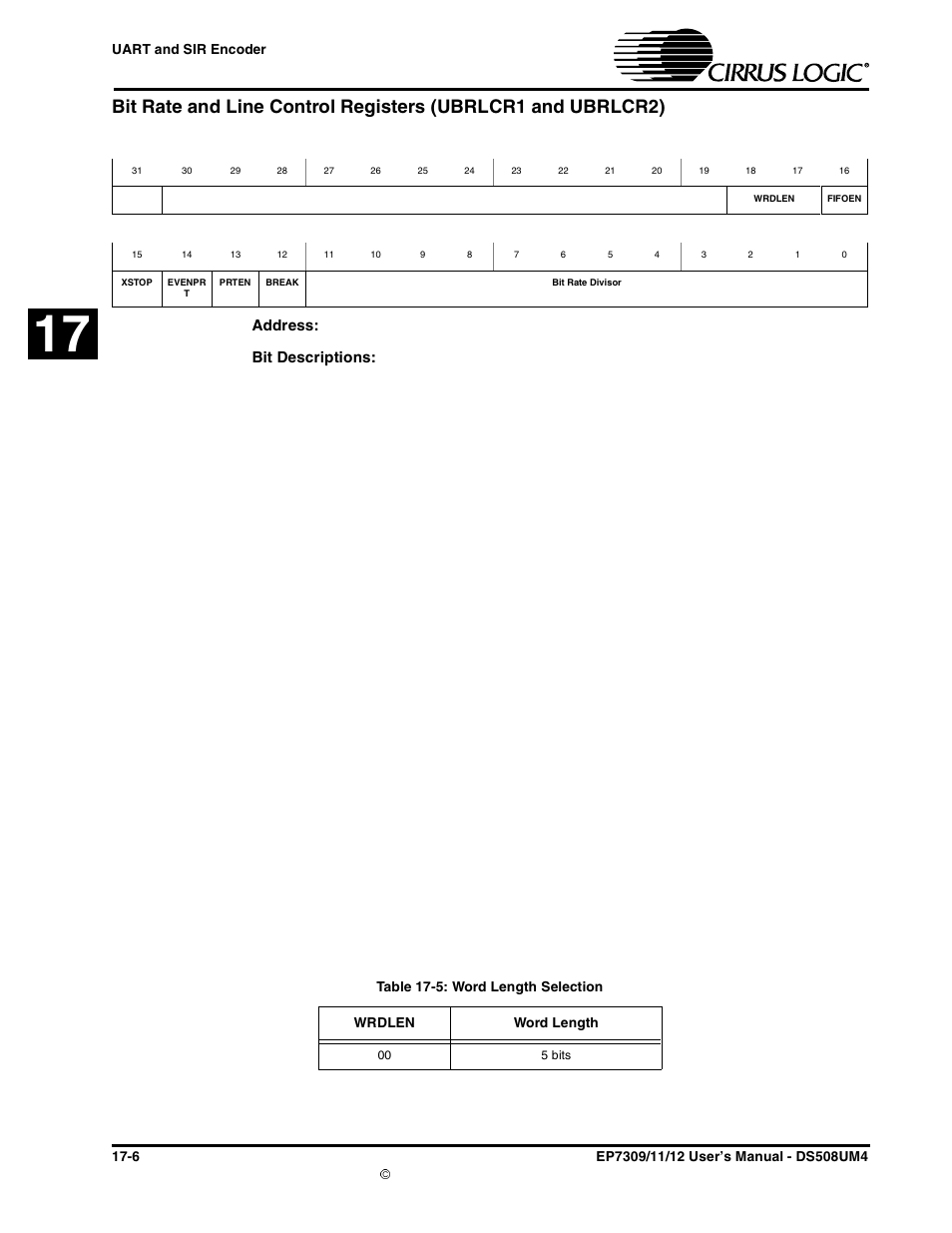 Table 17-5: word length selection -6 | Cirrus Logic EP73xx User Manual | Page 152 / 158