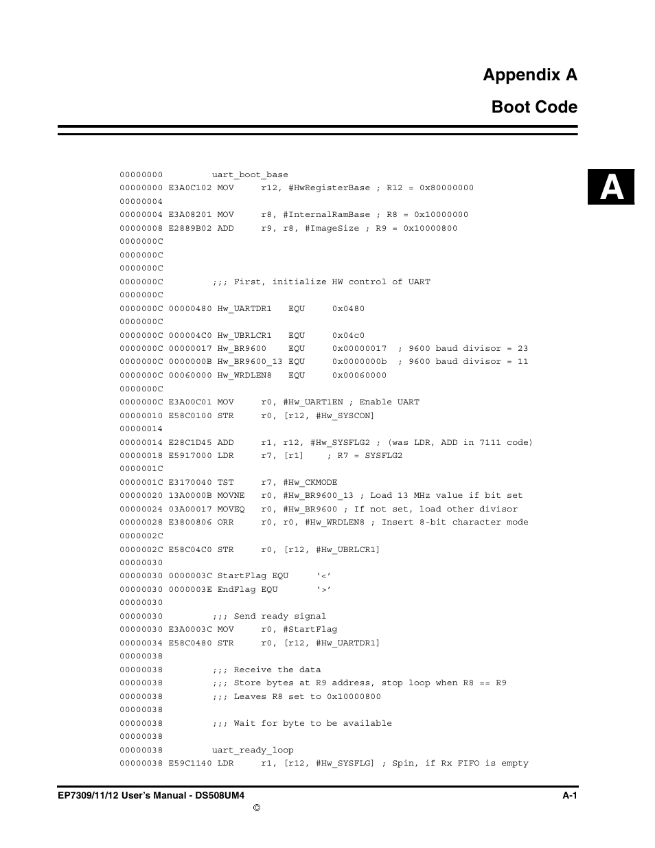 Boot code, Appendix a. boot code, Appendix a a boot code | Cirrus Logic EP73xx User Manual | Page 155 / 158
