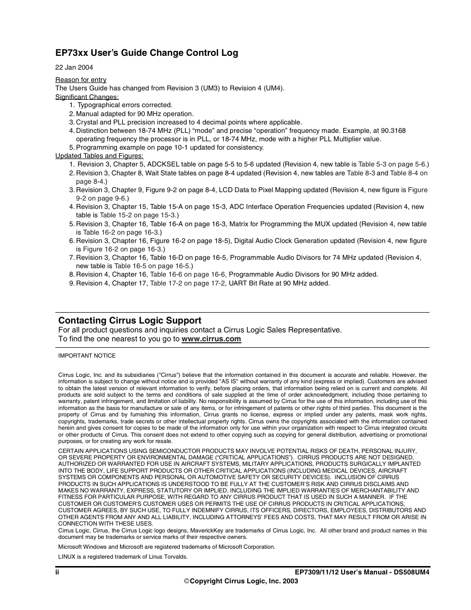 Ep73xx user’s guide change control log, Contacting cirrus logic support | Cirrus Logic EP73xx User Manual | Page 2 / 158