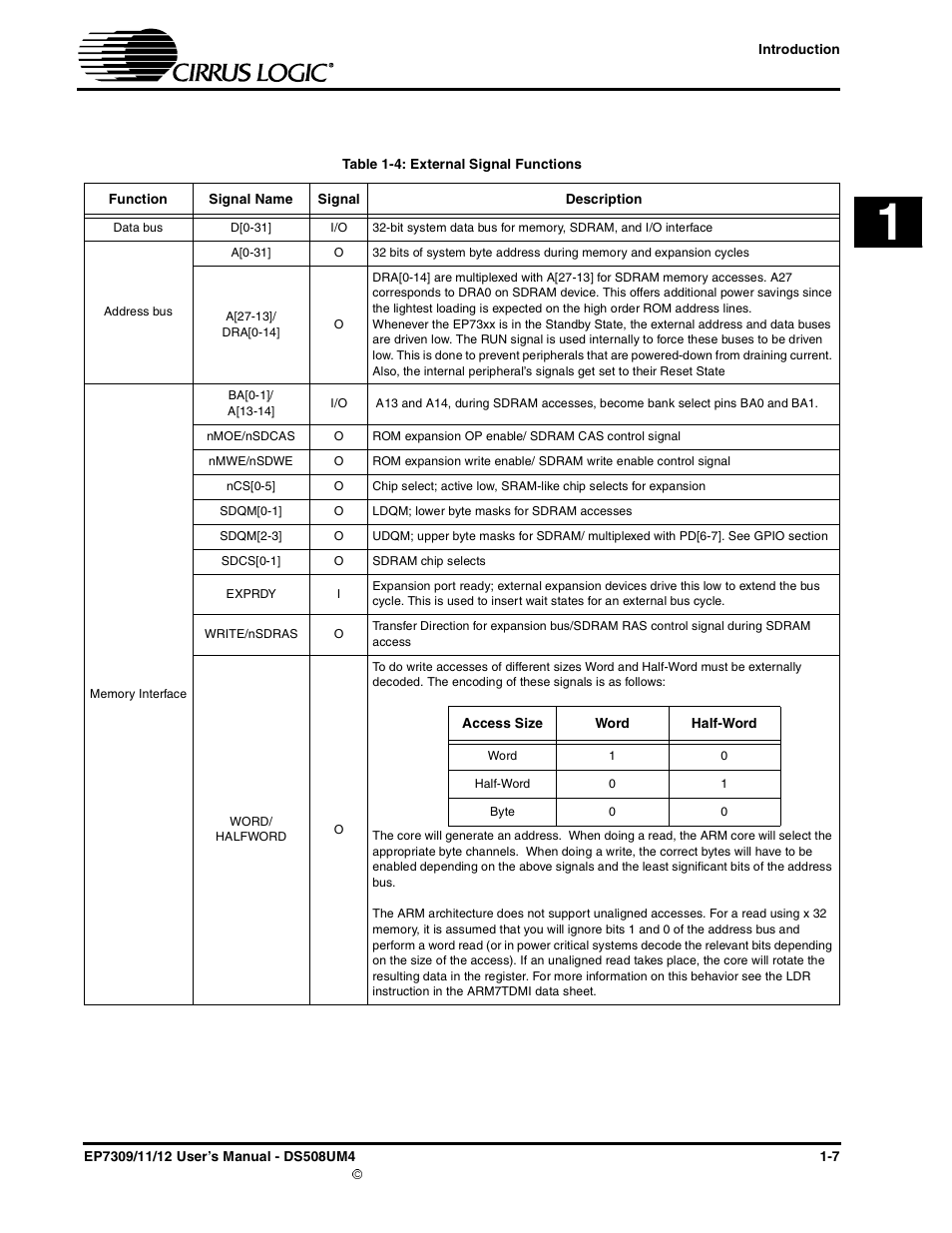 External signal functions, Table 1-4: external signal functions -7 | Cirrus Logic EP73xx User Manual | Page 21 / 158