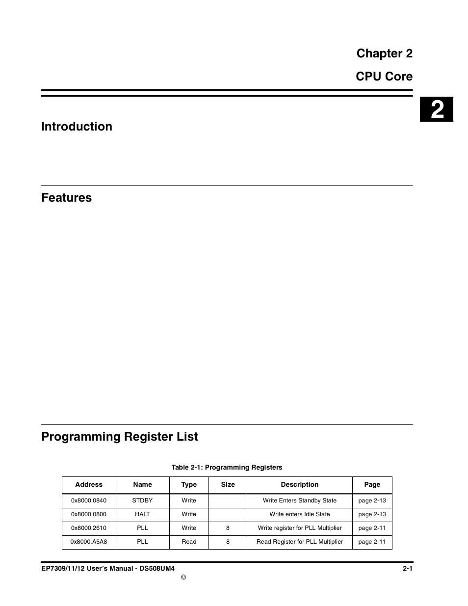 Chapter 2, Cpu core, Introduction | Features, Programming register list, Chapter 2. cpu core, Table 2-1: programming registers -1, Chapter 2 2 cpu core introduction | Cirrus Logic EP73xx User Manual | Page 27 / 158