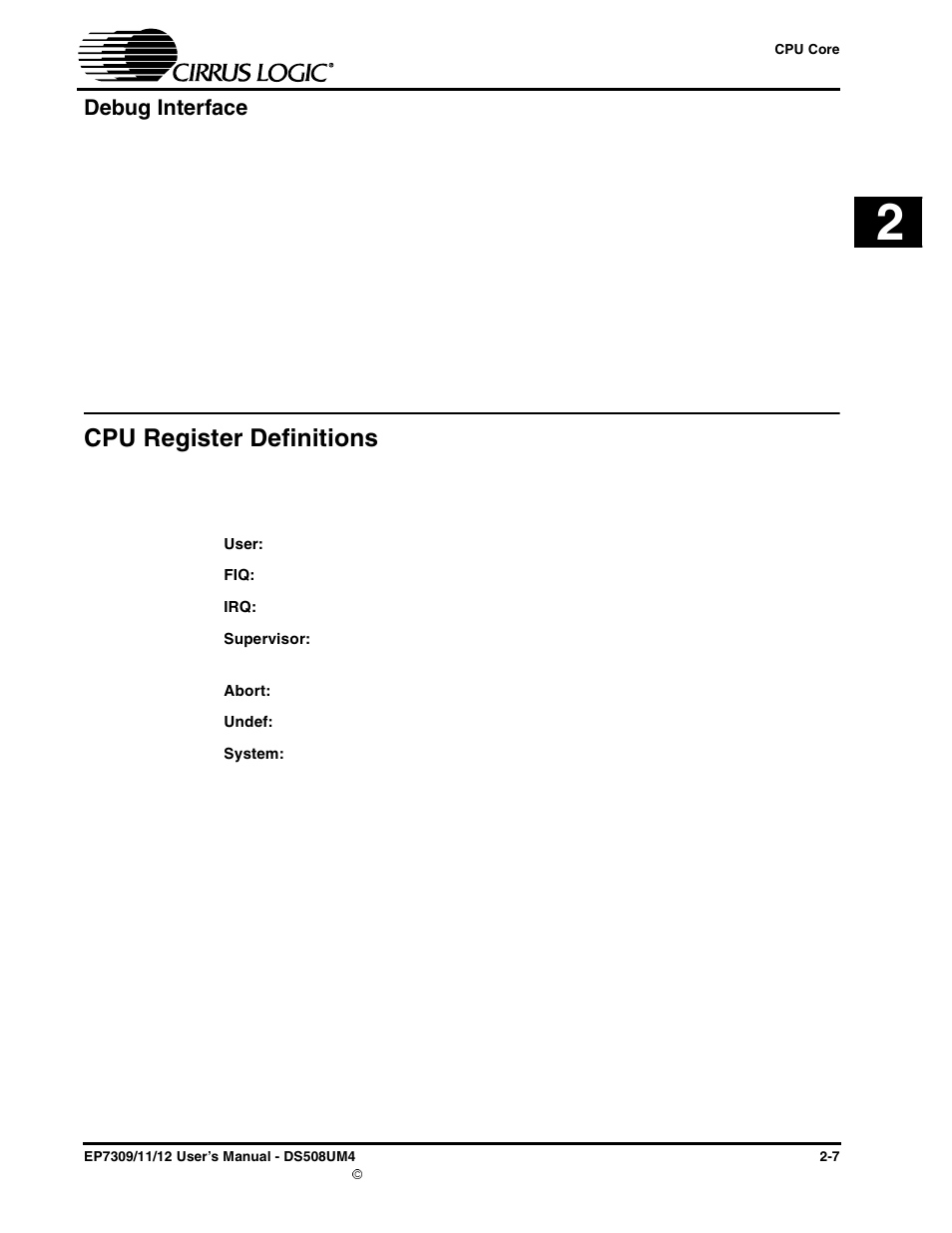 Debug interface, Cpu register definitions, Debug interface -7 | Cpu register definitions -7 | Cirrus Logic EP73xx User Manual | Page 33 / 158