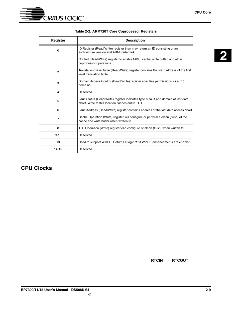 Cpu clocks, Real time clock (rtc), Cpu clocks -9 | Table 2-2: arm720t core coprocessor registers -9 | Cirrus Logic EP73xx User Manual | Page 35 / 158