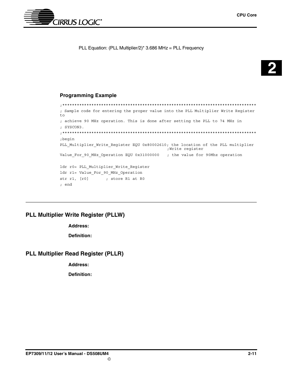 Programming example, Pll multiplier write register (pllw), Pll multiplier read register (pllr) | External 13mhz clock | Cirrus Logic EP73xx User Manual | Page 37 / 158