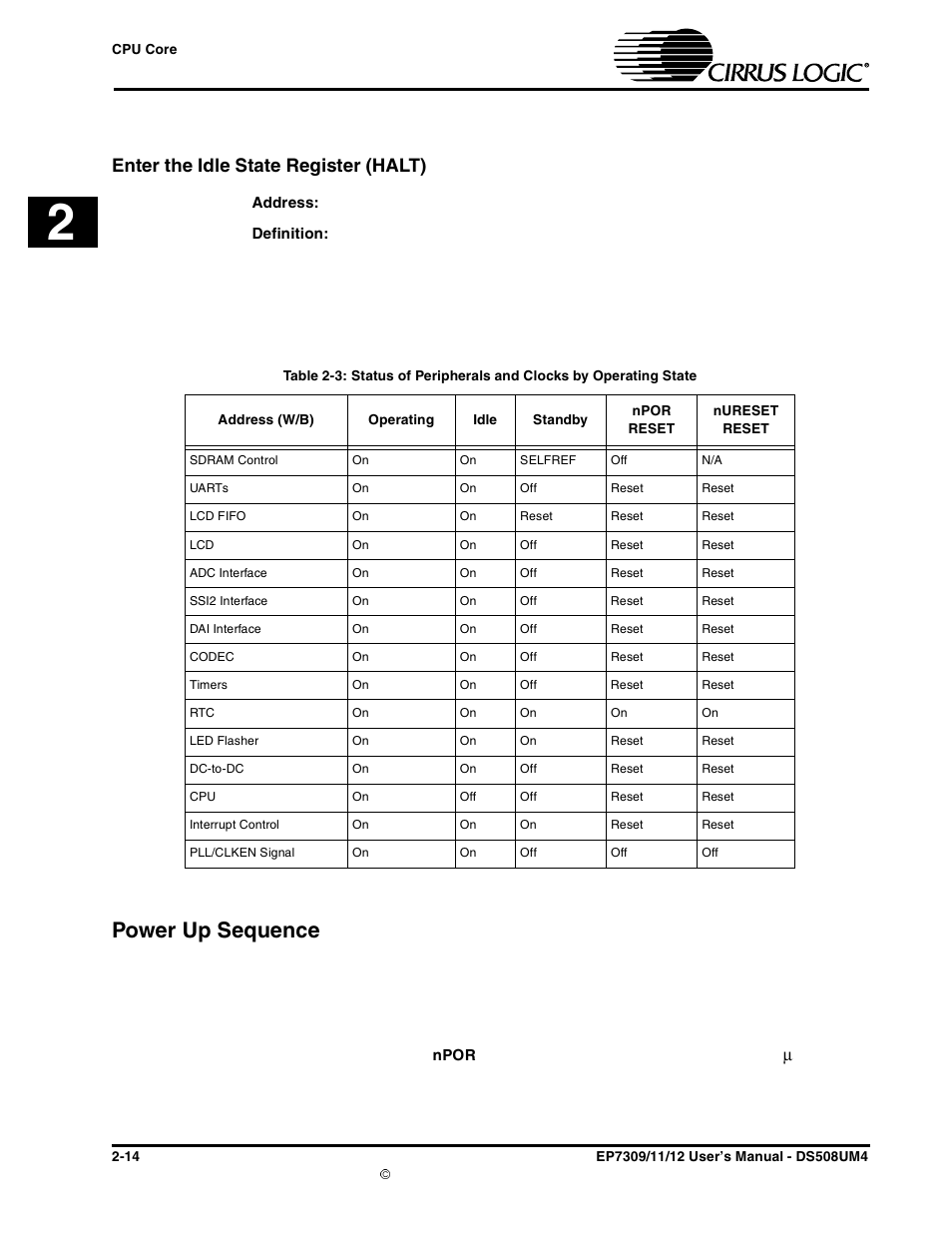Enter the idle state register (halt), Power up sequence, Enter the idle state register (halt) -14 | Power up sequence -14 | Cirrus Logic EP73xx User Manual | Page 40 / 158