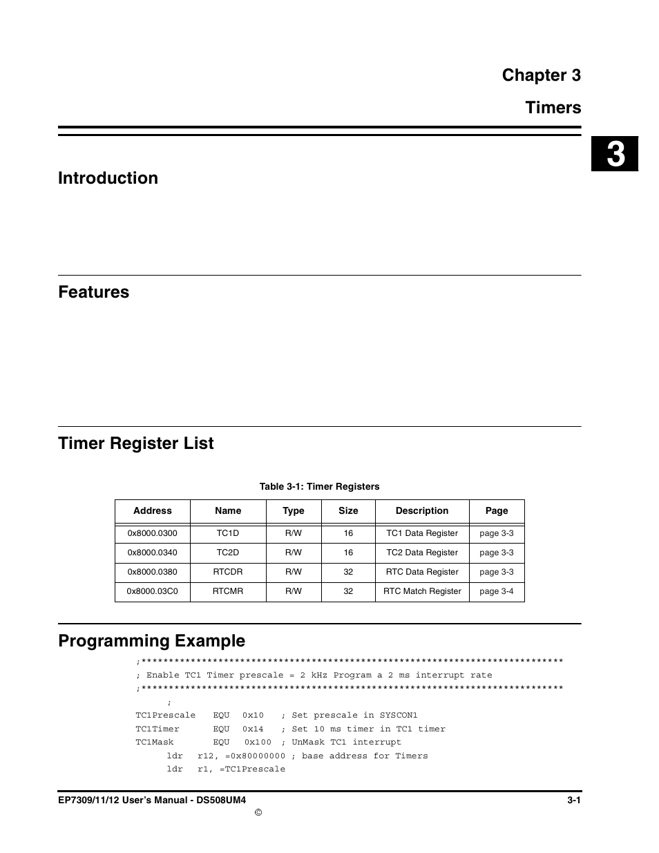 Chapter 3, Timers, Introduction | Features, Timer register list, Programming example, Chapter 3. timers, Table 3-1: timer registers -1, Chapter 3 3 timers introduction, Timer register list programming example | Cirrus Logic EP73xx User Manual | Page 43 / 158