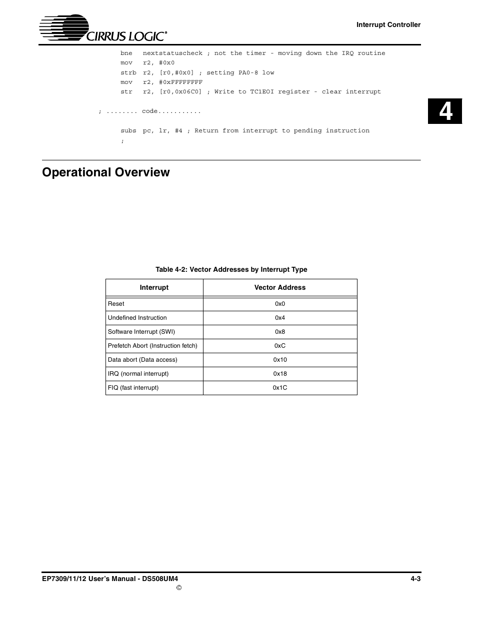 Operational overview, Operational overview -3, Table 4-2: vector addresses by interrupt type -3 | Cirrus Logic EP73xx User Manual | Page 49 / 158
