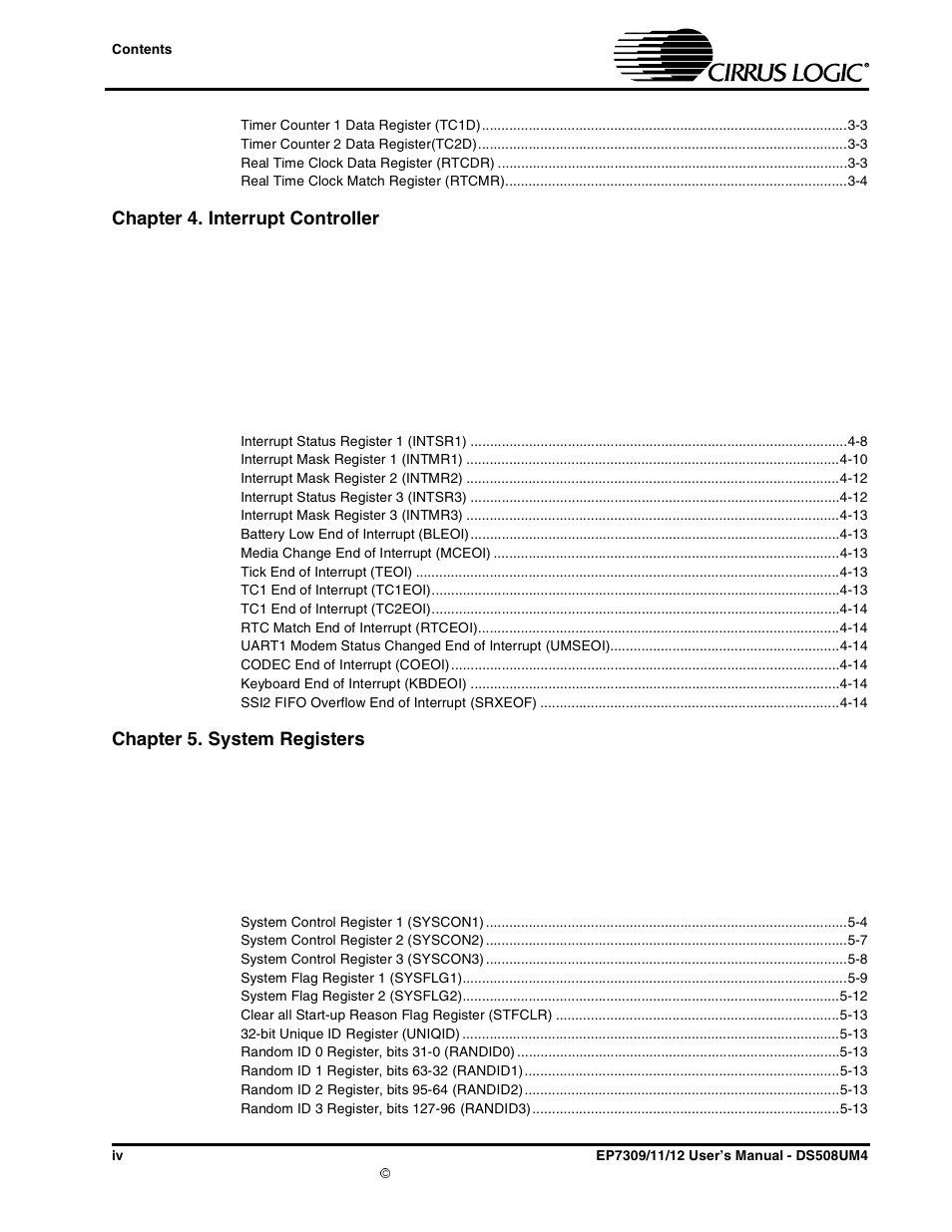 Chapter 4. interrupt controller, Chapter 5. system registers | Cirrus Logic EP73xx User Manual | Page 5 / 158