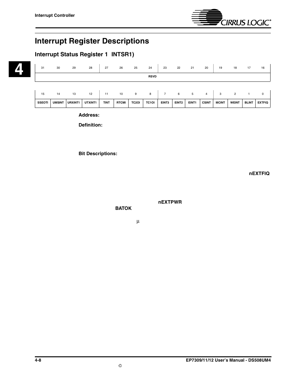Interrupt register descriptions, Interrupt status register 1 (intsr1), Interrupt register descriptions -8 | Interrupt status register 1 (intsr1) -8, Interrupt status register 1 ( intsr1), Is high) and the battery ok input pin | Cirrus Logic EP73xx User Manual | Page 54 / 158
