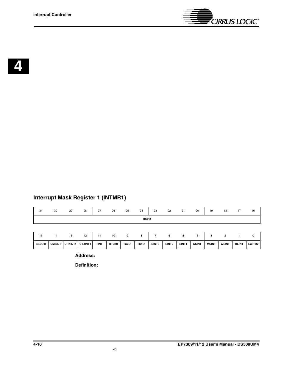 Interrupt mask register 1 (intmr1), Interrupt mask register 1 (intmr1) -10, Address | Definition | Cirrus Logic EP73xx User Manual | Page 56 / 158