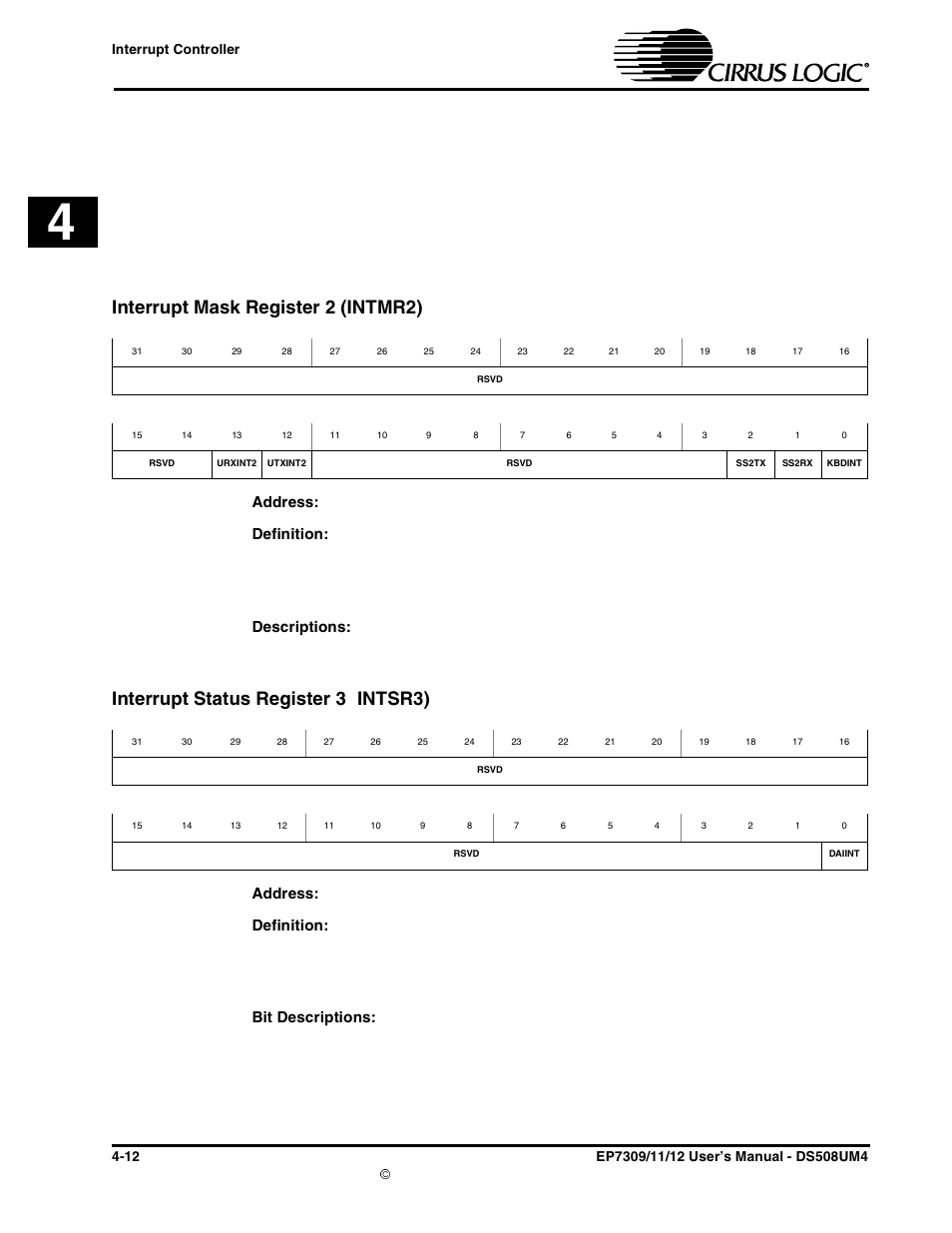 Interrupt mask register 2 (intmr2), Interrupt status register 3 (intsr3), Interrupt status register 3 ( intsr3) | Address, Definition, Descriptions, Bit descriptions | Cirrus Logic EP73xx User Manual | Page 58 / 158