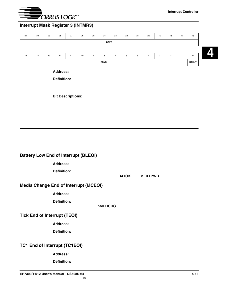 Interrupt mask register 3 (intmr3), Battery low end of interrupt (bleoi), Media change end of interrupt (mceoi) | Tick end of interrupt (teoi), Tc1 end of interrupt (tc1eoi), End-of-interrupt locations | Cirrus Logic EP73xx User Manual | Page 59 / 158