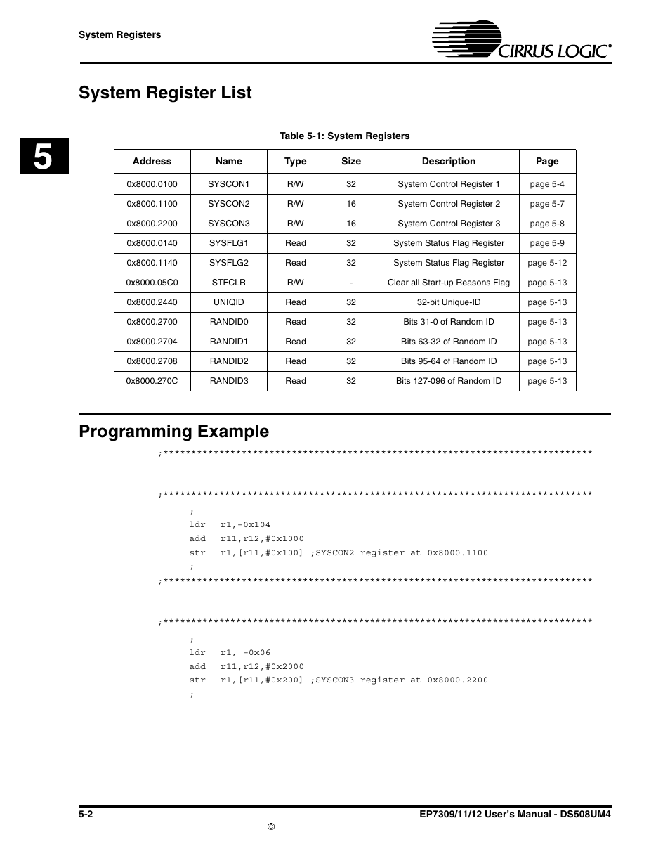 System register list, Programming example, System register list -2 programming example -2 | Table 5-1: system registers -2, System register list programming example | Cirrus Logic EP73xx User Manual | Page 62 / 158
