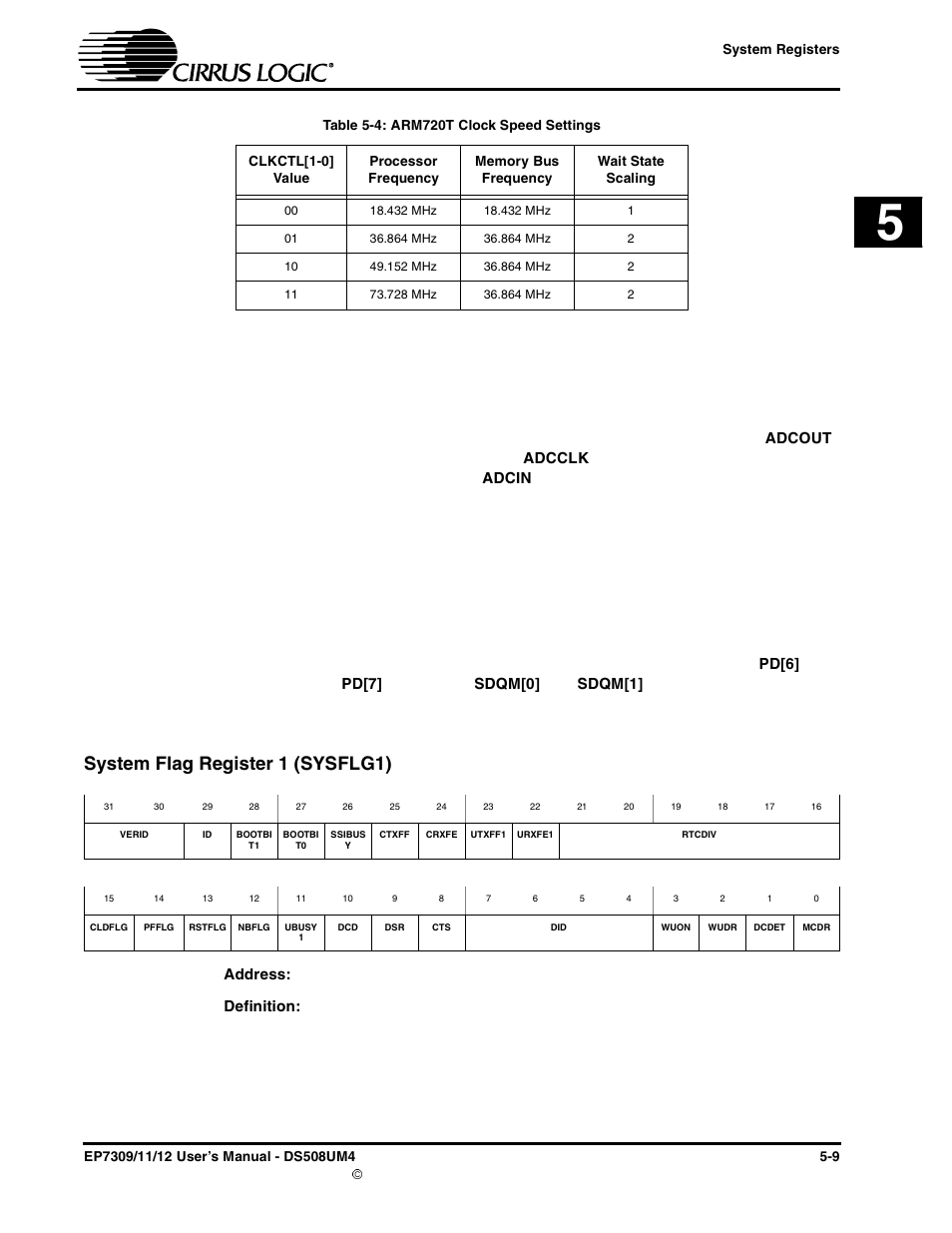 System flag register 1 (sysflg1), System flag register 1 (sysflg1) -9, Table 5-4: arm720t clock speed settings -9 | Cirrus Logic EP73xx User Manual | Page 69 / 158