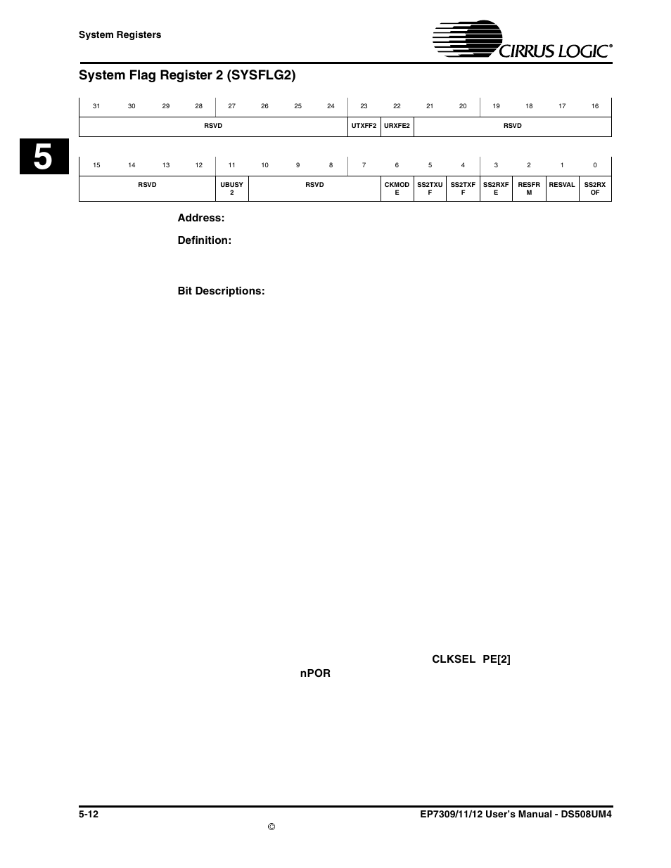 System flag register 2 (sysflg2), System flag register 2 (sysflg2) -12, Input, latched during | Cirrus Logic EP73xx User Manual | Page 72 / 158