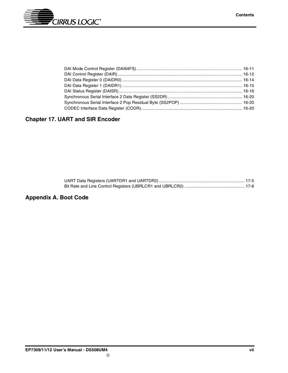 Chapter 17. uart and sir encoder, Appendix a. boot code | Cirrus Logic EP73xx User Manual | Page 8 / 158