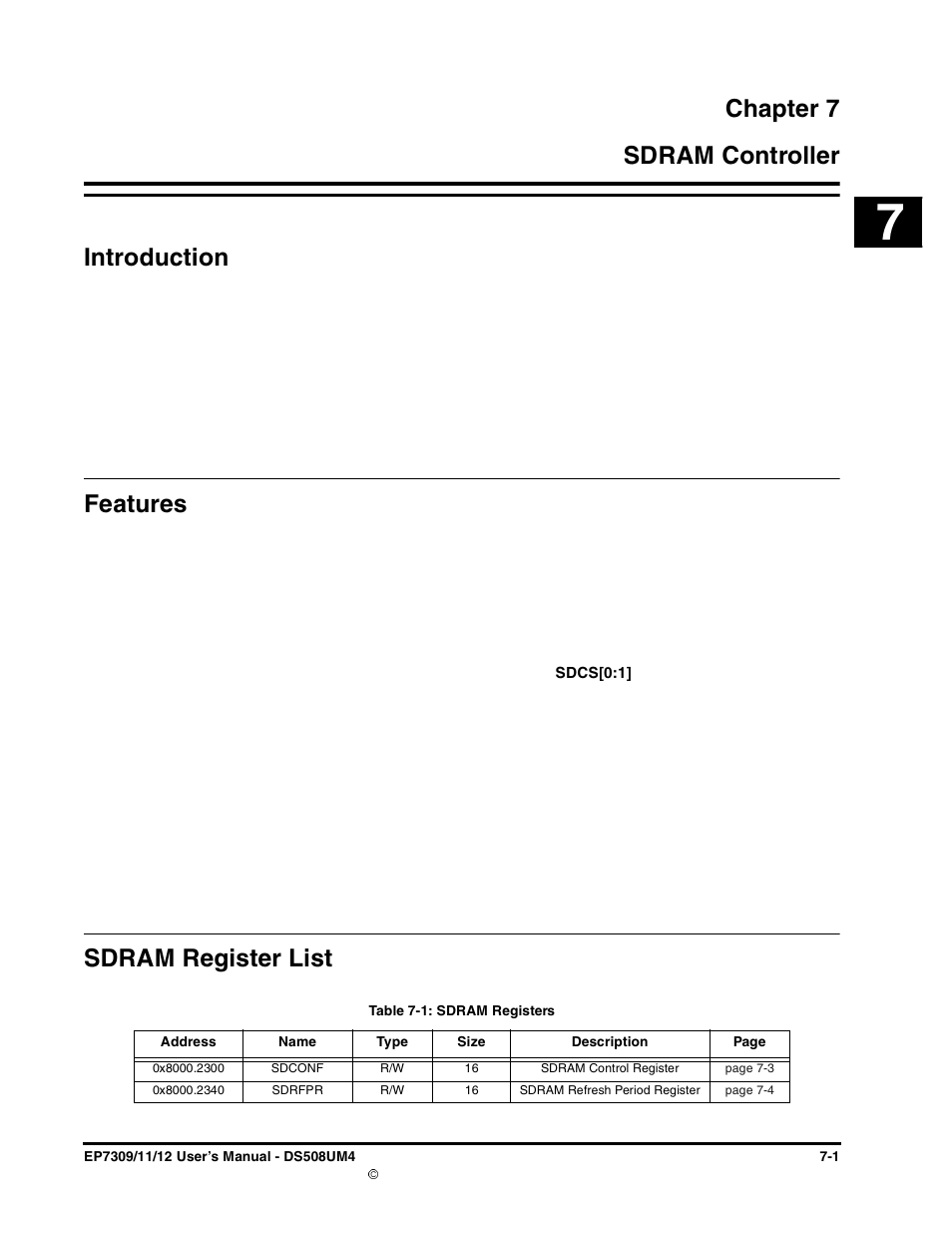Chapter 7, Sdram controller, Introduction | Features, Sdram register list, Chapter 7. sdram controller, Introduction -1 features -1 sdram register list -1, Table 7-1: sdram registers -1, Chapter 7 7 sdram controller introduction | Cirrus Logic EP73xx User Manual | Page 81 / 158