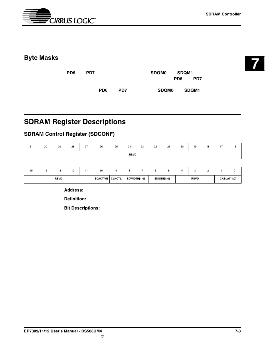 Byte masks, Sdram register descriptions, Sdram control register (sdconf) | Byte masks -3, Sdram register descriptions -3, Sdram control register (sdconf) -3 | Cirrus Logic EP73xx User Manual | Page 83 / 158