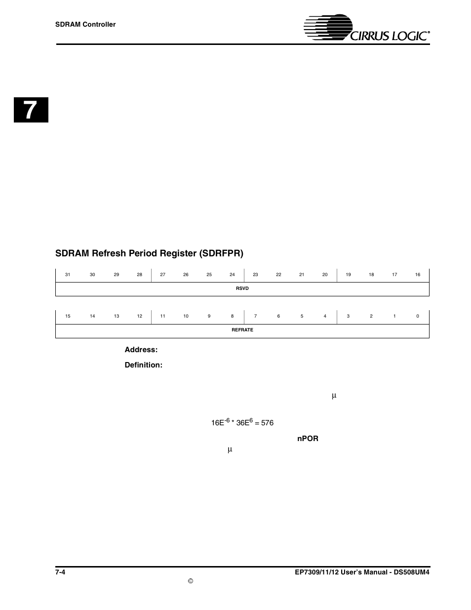 Sdram refresh period register (sdrfpr), Sdram refresh period register (sdrfpr) -4, The refresh timer is set to 256 by | Cirrus Logic EP73xx User Manual | Page 84 / 158