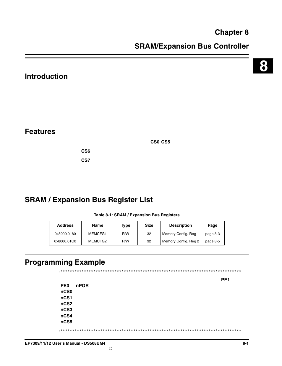 Chapter 8, Sram/expansion bus controller, Introduction | Features, Sram / expansion bus register list, Programming example, Chapter 8. sram/expansion bus controller, Table 8-1: sram / expansion bus registers -1 | Cirrus Logic EP73xx User Manual | Page 85 / 158