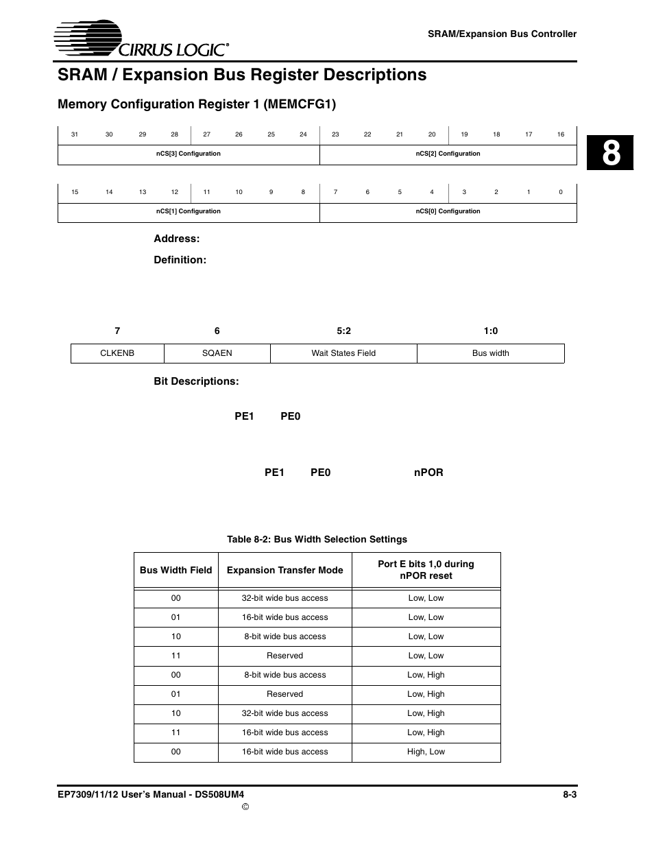 Sram / expansion bus register descriptions, Memory configuration register 1 (memcfg1), Sram / expansion bus register descriptions -3 | Memory configuration register 1 (memcfg1) -3, Table 8-2: bus width selection settings -3 | Cirrus Logic EP73xx User Manual | Page 87 / 158