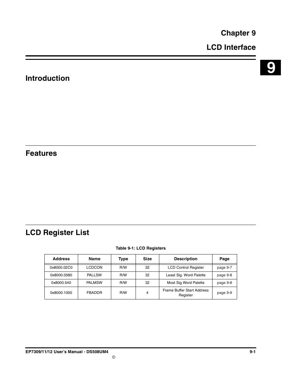 Chapter 9, Lcd interface, Introduction | Features, Lcd register list, Chapter 9. lcd interface, Introduction -1 features -1 lcd register list -1, Table 9-1: lcd registers -1, Chapter 9 9 lcd interface introduction | Cirrus Logic EP73xx User Manual | Page 91 / 158