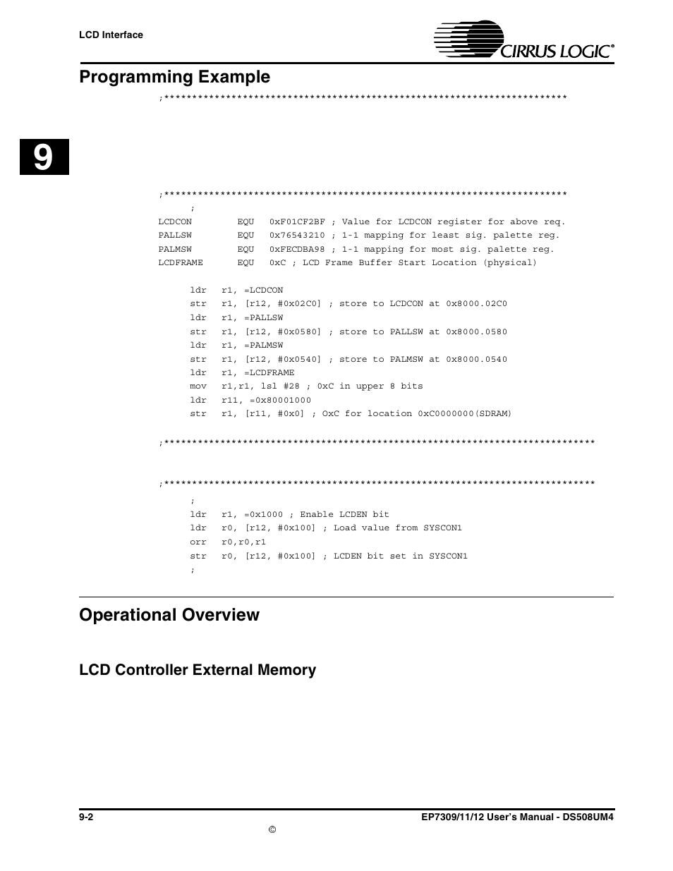 Programming example, Operational overview, Lcd controller external memory | Programming example -2 operational overview -2, Lcd controller external memory -2 | Cirrus Logic EP73xx User Manual | Page 92 / 158