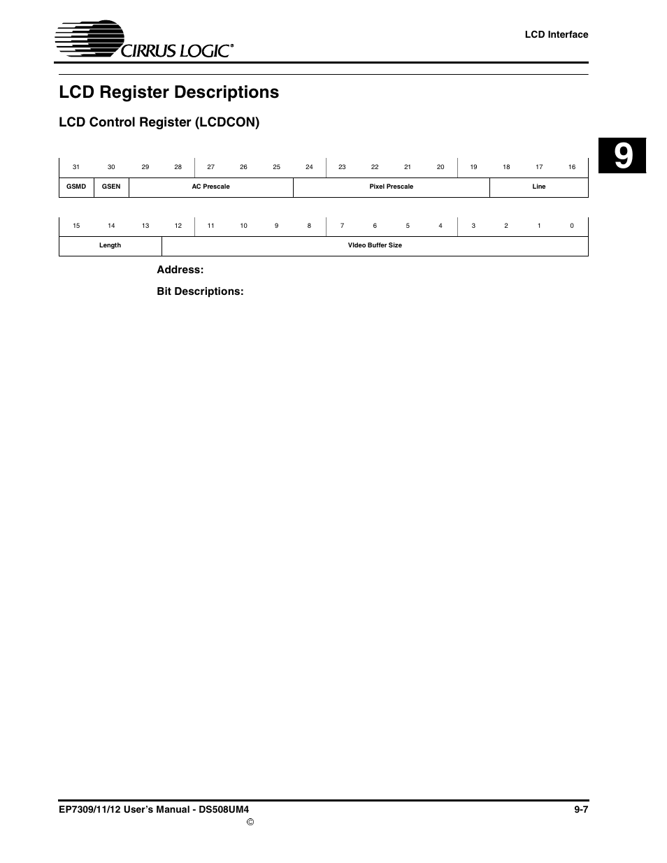 Lcd register descriptions, Lcd control register (lcdcon), Lcd register descriptions -7 | Lcd control register (lcdcon) -7 | Cirrus Logic EP73xx User Manual | Page 97 / 158